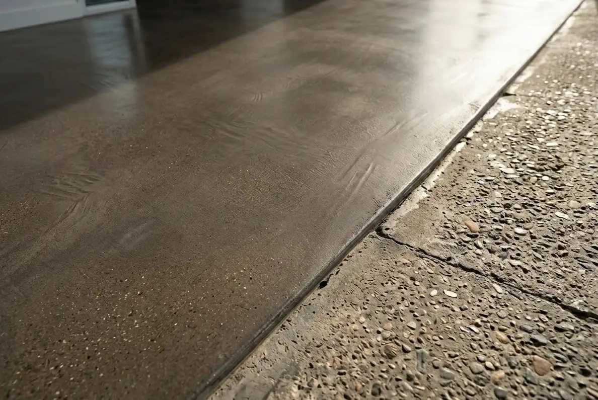 Detalle de construcción de suelo continuo de microcemento gris con acabado pulido en Madrid