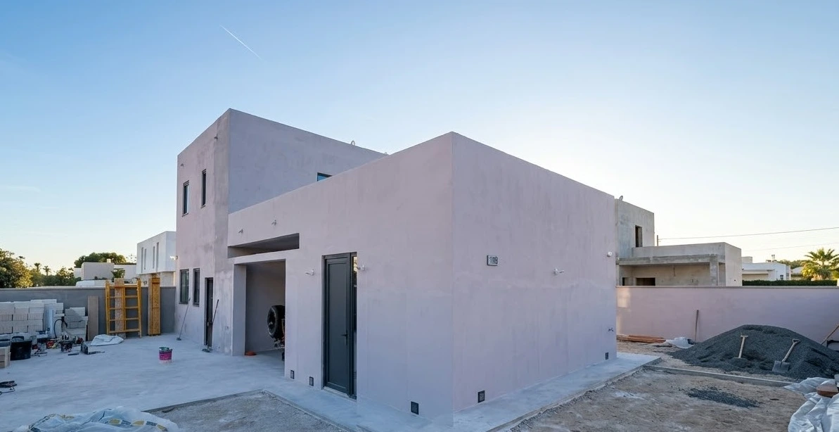 Construcción de vivienda unifamiliar de estilo minimalista con muros de hormigón liso en Madrid